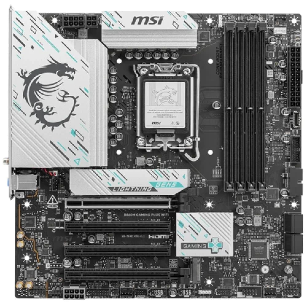Материнская плата MSI B860M GAMING PLUS WIFI B860, LGA1851, 4*DDR5, 4*PCIEx16, 3*M.2, 1*TypeC, 1*USB3.2Gen2, 5*USB3.2Gen1, 6*USB2.0, 4*SATA3.0, 5G, Type-C DP, DP, HDMI, M-ATX, RTL