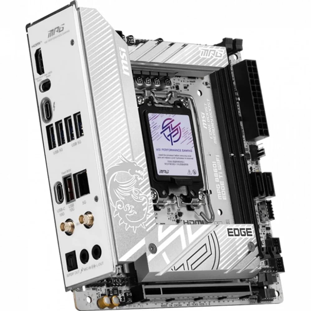 Материнская плата MSI MPG B860I EDGE TI WIFI B860, LGA1851, 2*DDR5, 1*PCIEx16, 2*M.2, 2*TypeC, 1*USB3.2Gen2, 6*USB3.2Gen1, 2*USB2.0, 2*SATA3.0, Type-C(DP), HDMI, ITX, RTL