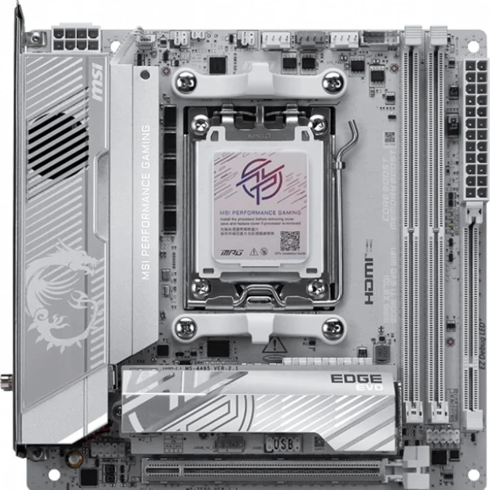 Материнская плата MSI MPG X870I EDGE TI EVO WIFI X870, AM5, 2*DDR5, 1*PCIEx16, 1*M.2, 2*TypeC, 5*USB3.2Gen2, 2*USB3.2Gen1, 2*USB2.0, 2*SATA3.0, 5G, 2*Type-C(DP), HDMI, ITX, RTL
