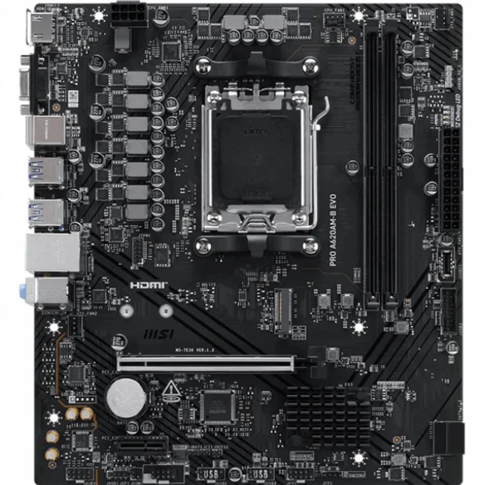 Материнская плата MSI PRO A620AM-B EVO A620, AM5, 2*DDR5, 1*PCIEx16, 1*PCIEx1, 1*M.2, 1*TypeC, 6*USB3.2Gen1, 6*USB2.0, 2*SATA3.0, 2.5G, VGA, HDMI, M-ATX, RTL