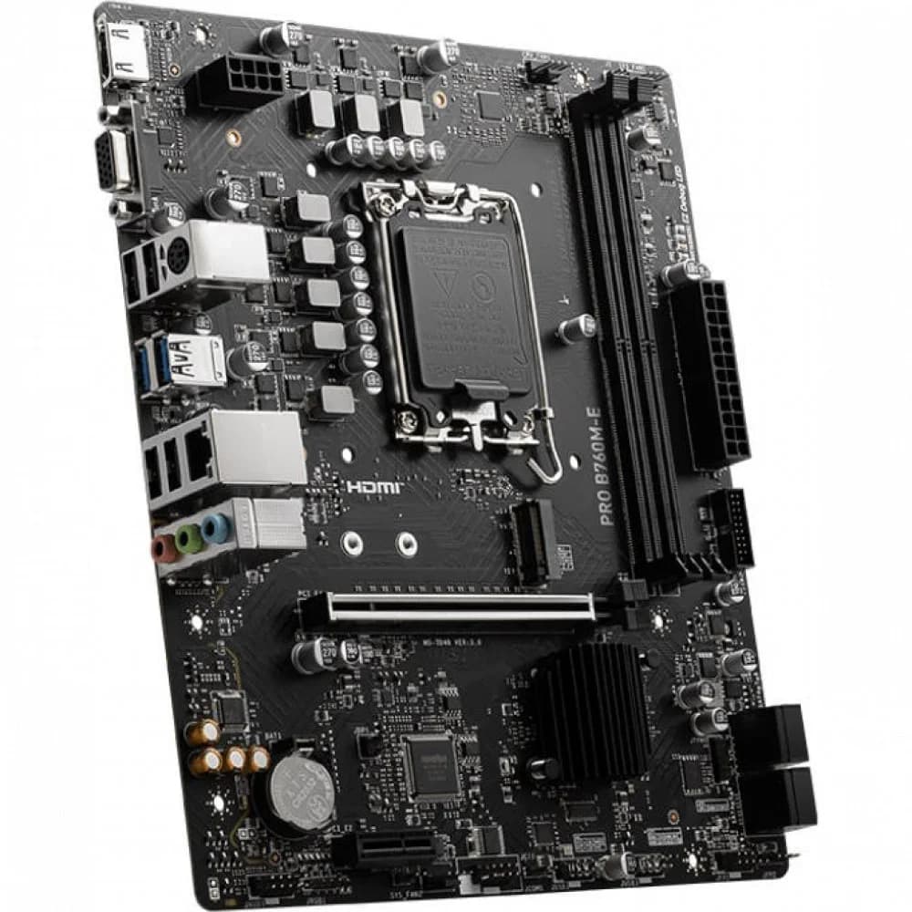 Матплата MSI PRO B760M-E, iB760,S1700,mATX,2DDR-5,PCI-Ex16/1x1,4SATA,1xM.2,HDMI,VGA,12USB