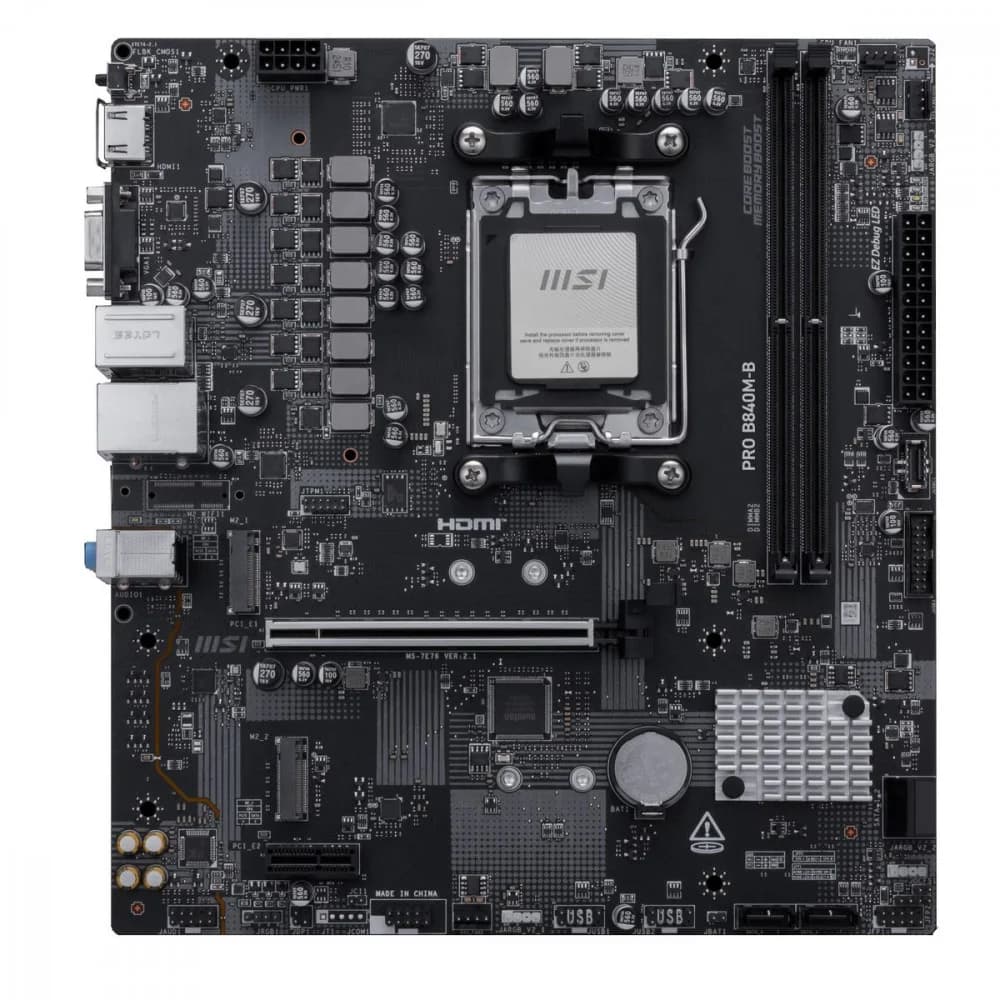 Материнская плата MSI PRO B840M-B B840, AM5, 2*DDR5, 1*PCIEx16, 1*PCIEx1, 2*M.2, 1*TypeC, 6*USB3.2Gen1, 6*USB2.0, 4*SATA3.0, 2.5G, VGA, HDMI, ATX, RTL
