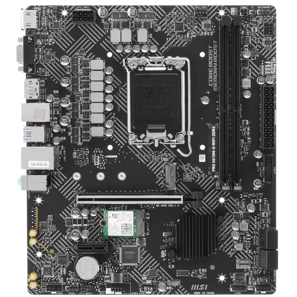 Материнская плата MSI PRO H610M-G WIFI H610, LGA1700, 2*DDR5, 1*PCIEx16, 1*PCIEx1, 1*M.2, 4*USB3.2Gen1, 6*USB2.0, 4*SATA3.0, 1G, VGA, DP, HDMI, M-ATX, RTL