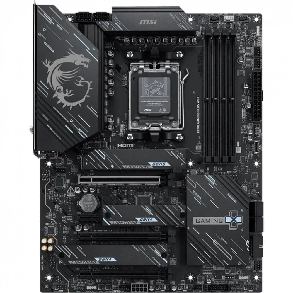Материнская плата MSI X870E GAMING PLUS WIFI X870E, AM5, 4*DDR5, 3*PCIEx16, 1*PCIEx1, 3*M.2, 2*TypeC, 2*USB3.2Gen2, 6*USB3.2Gen1, 10*USB2.0, 4*SATA3.0, 5G, 1*Type-C(DP), HDMI, ATX, RTL