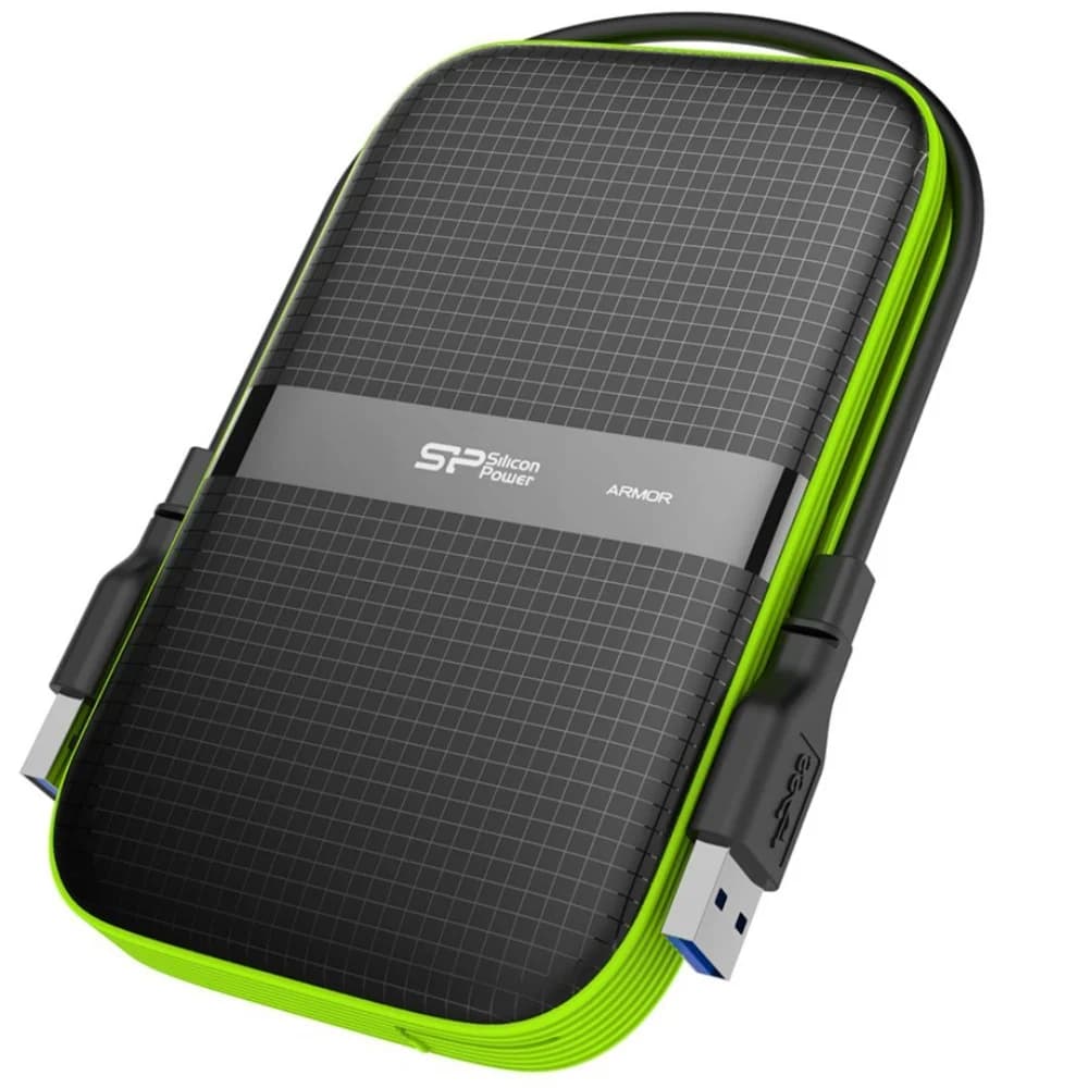 External HDD 2.5" 1.0Tb Silicon Power Armor A60 черно-зеленый (USB3.1, прорезиненный, противоударный MIL-STD-810G, водонепроницаемый IPX4, держатель кабеля)