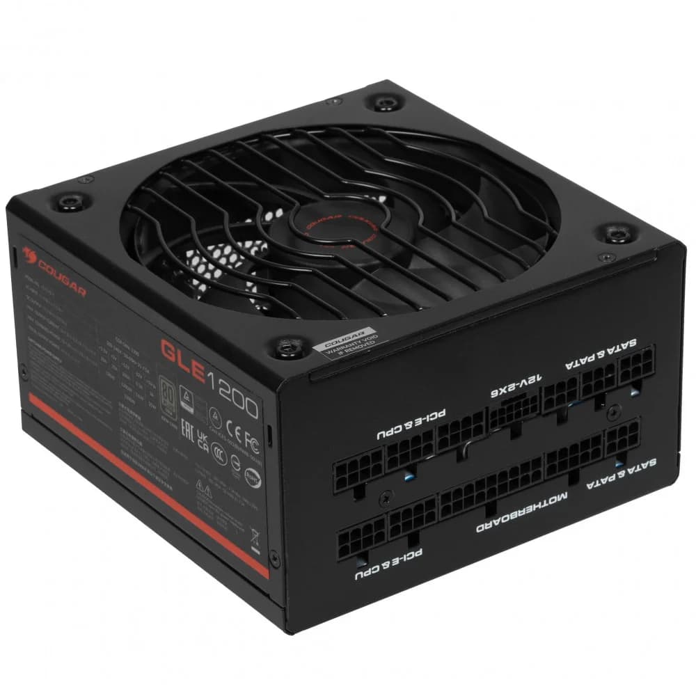 Блок питания, Cougar, GLE 1200, 1200W, ATX 3.1, APFC, GOLD, 20+4 pin, 2*4+4pin, 12*Sata, 4*Molex, 6*PCI-E 6+2 pin, 12V-2X6, Вентилятор 13,5 см, Модульный, Кабель питания, Чёрный