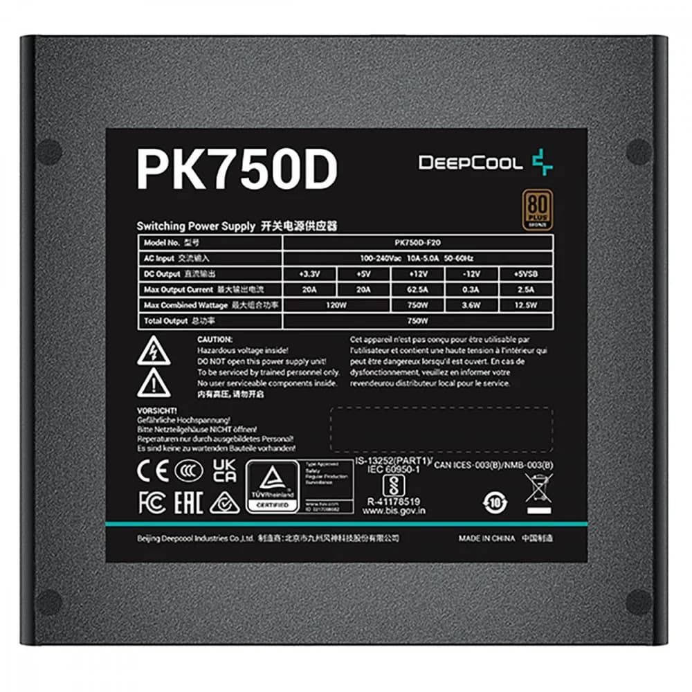 Блок питания, GamerStorm, PK750D R-PK750D-FA0B-WGEU, 750W, ATX, Bronze, 20+4 pin, 2*4+4pin, 6*Sata, 2*Molex, 4*PCI-E 6+2 pin, Вентилятор 12 см, Кабель питания, Чёрный