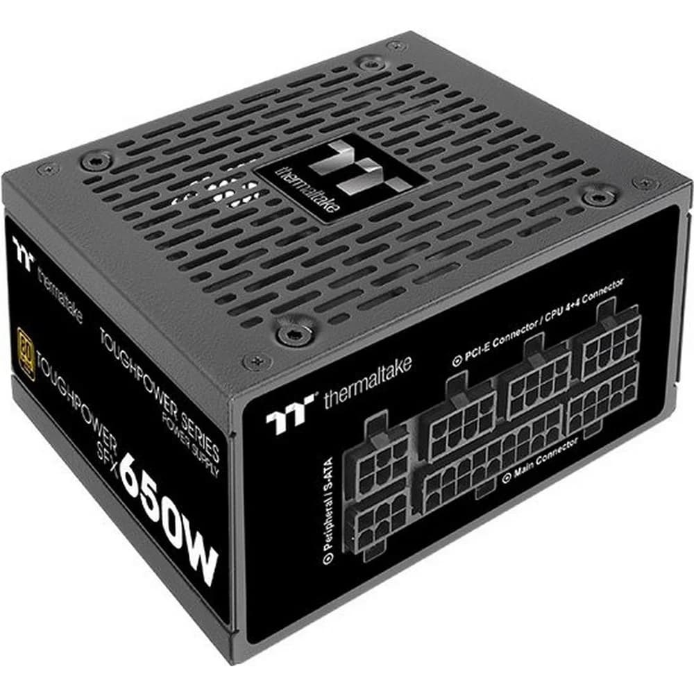 Блок питания, Thermaltake, Toughpower SFX 650W, PS-STP-0650FNFAGE-1, 650W, SFX, 80 Plus Gold, APFC, 24 pin, 4+4pin CPU, 6+2 PCI-E, 15*Sata, 4*Molex, Вентилятор 9 см, Кабель питания, Чёрный