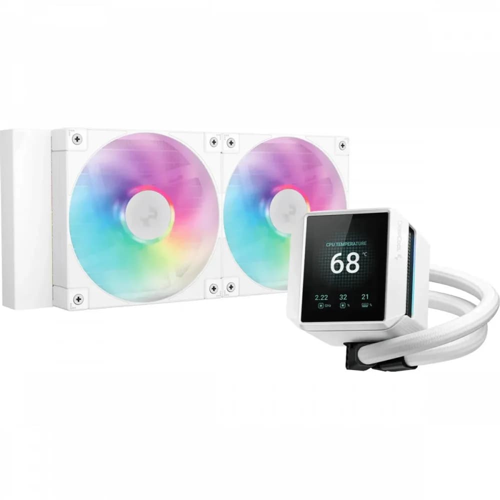 Кулер с водяным охлаждением, Deepcool, MYSTIQUE 240 WH ARGB R-LX240-WHDSNMCP-G-1, Intel 1700/1200/115х и AMD AM5/AM4/, TDP 250W, 2*120мм FD12 ARGB PWM, 600-2400 RPM±10%, 72,04CFM, 38,71 dB(A), Белый