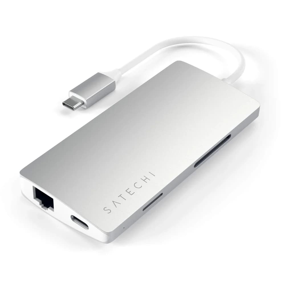 USB-концентратор Satechi Aluminum Multi-Port Adapter V2. Интерфейс USB-C. 3 порта USB 3.0, 1 порт 4K HDMI, 1 порт Ethernet RJ-45, SD/micro-SD кардридер. Цвет серый космос.