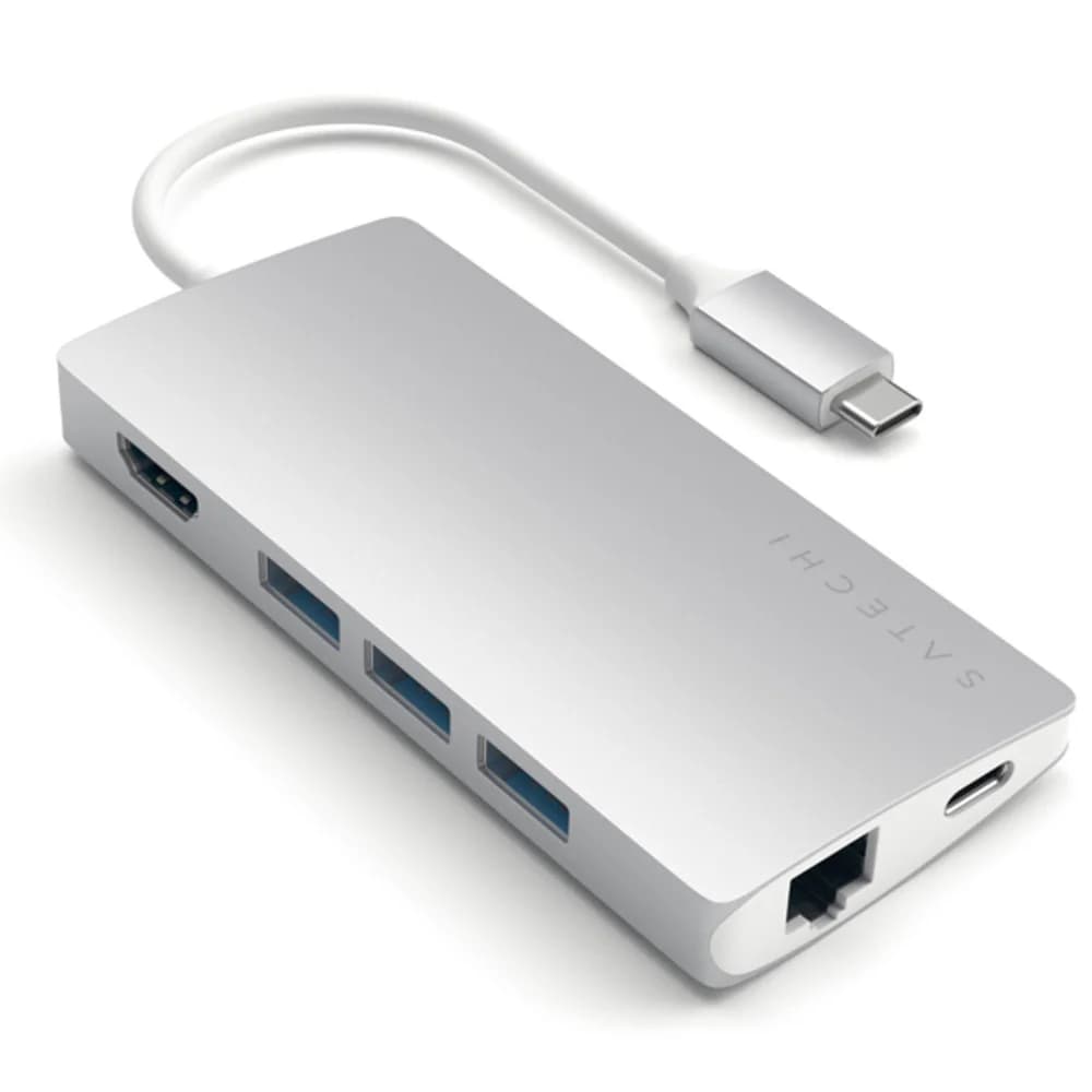 USB-концентратор Satechi Aluminum Multi-Port Adapter V2. Интерфейс USB-C. 3 порта USB 3.0, 1 порт 4K HDMI, 1 порт Ethernet RJ-45, SD/micro-SD кардридер. Цвет серебряный.