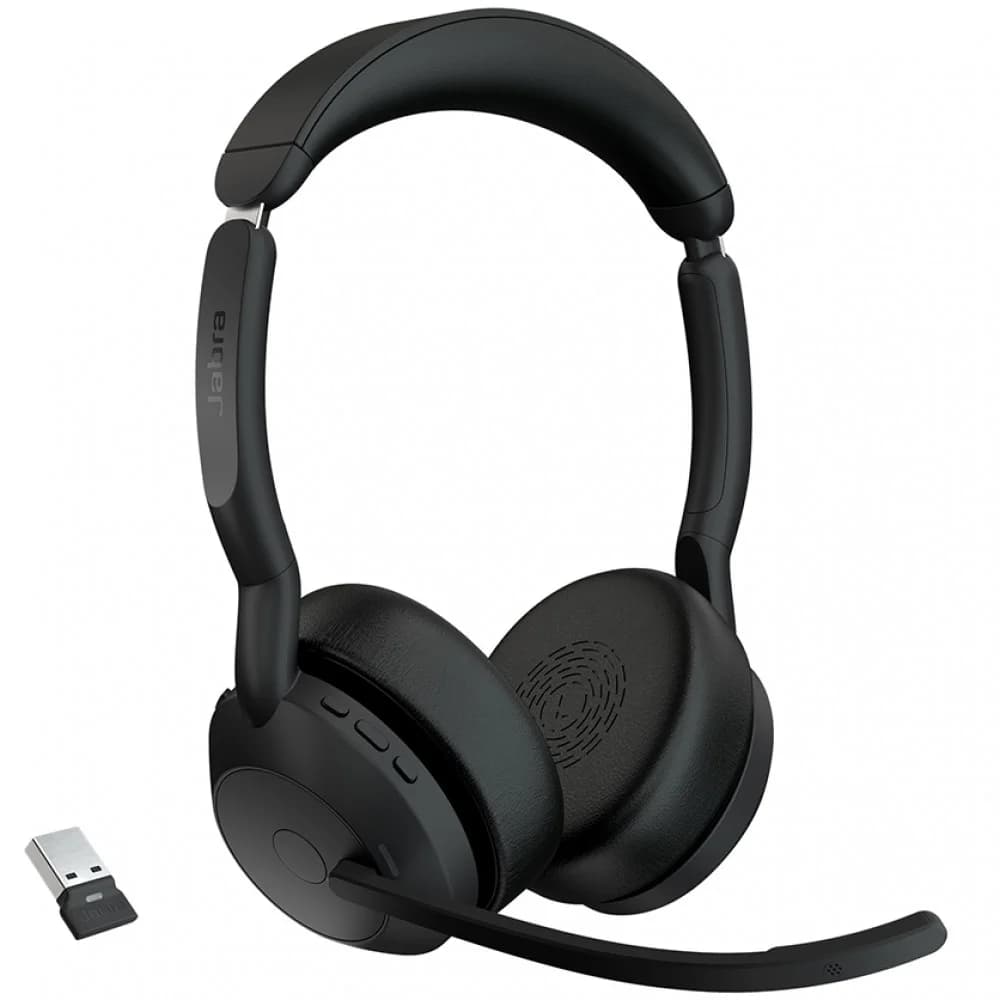 Гарнитура, Jabra, 25599-999-989, Jabra Evolve2 55, Link380a MS Stereo Stand, Беспроводная, Активное шумоподавление, Поддерживаемые аудиокодеки: AAC, SBC, Длина USB -кабеля:1,2 м, Размер динамика: 28