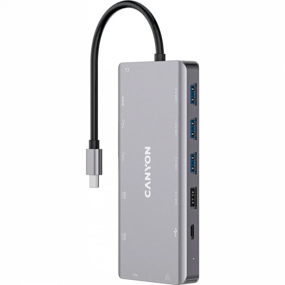 CANYON DS-12, 13 in 1 USB C hub, with 2*HDMI, 3*USB3.0: support max. 5Gbps, 1*USB2.0: support max. 480Mbps, 1*PD: support max 100W PD, 1*VGA,1* Type C data, 1*Glgabit Ethernet, 1*3.5mm audio jack, c