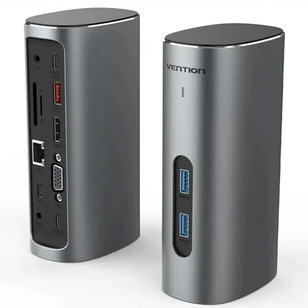 Vention USB-C to HDMI/VGA/USB 3.1 Gen 2/USB 3.1 Gen 2-C/USB 3.0x2/RJ45/SD/TF/TRRS 3.5mm/PD/DC Docking Station Gray Vertical Aluminum Alloy Type EU Standard