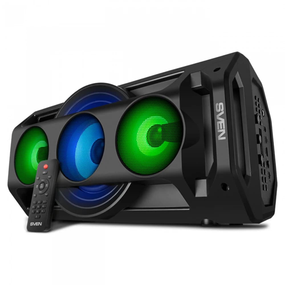 SVEN PS-680 2.0 Мобильные колонки чёрные (2x32.5W, mini Jack, USB, Bluetooth, FM, micro SD, LED-дисплей, ПДУ, 2 x 4400 мA, LED подсветка)