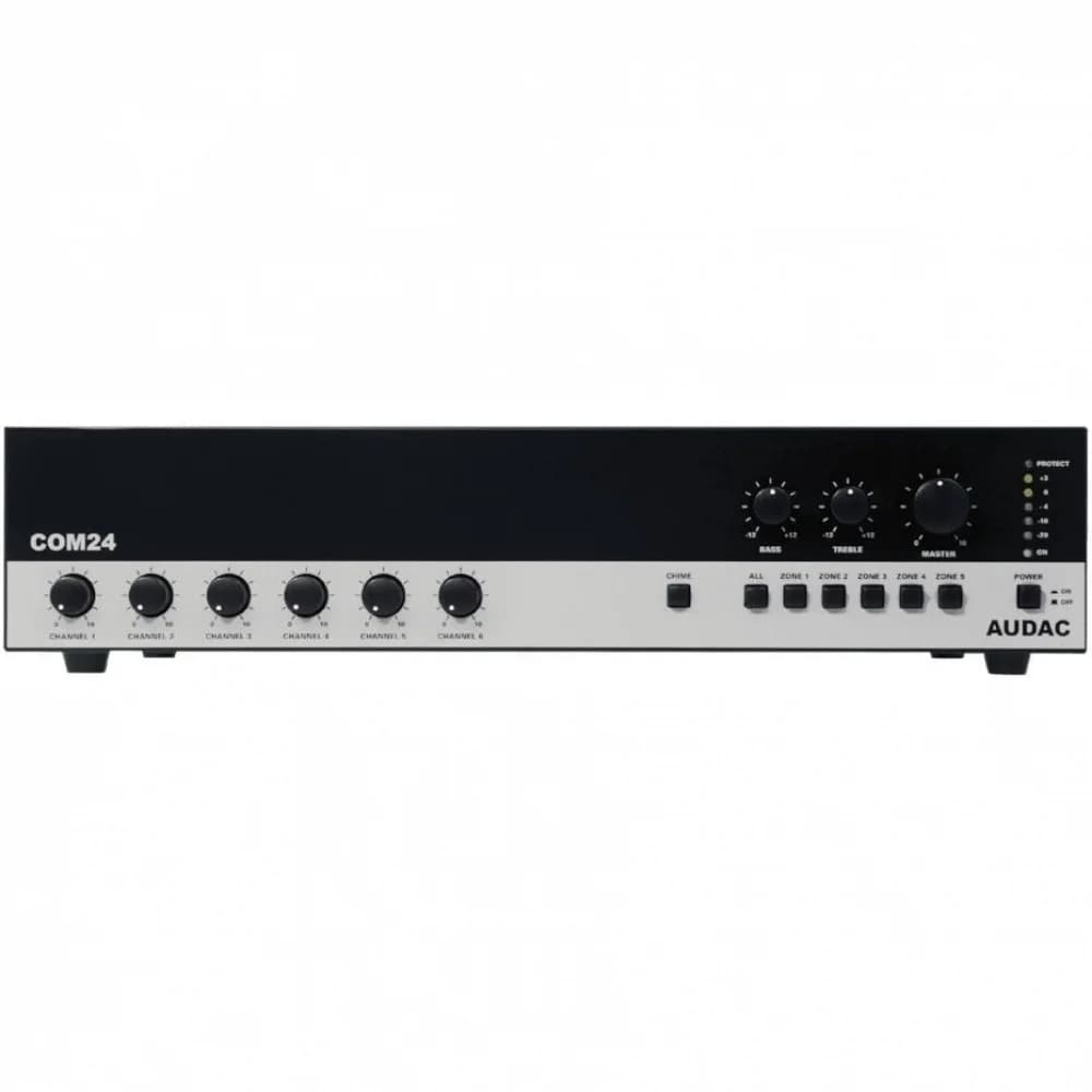 AUDAC Усилитель-микшер COM24MK2 Микшер-усилитель 240 Вт, 100-V/4 ом, 6 входных каналов, индивид. контроль уровня. 4 балансных микрофонных входа (XLR) с фантомным питанием (15 В), 2 приоритетных. Рег