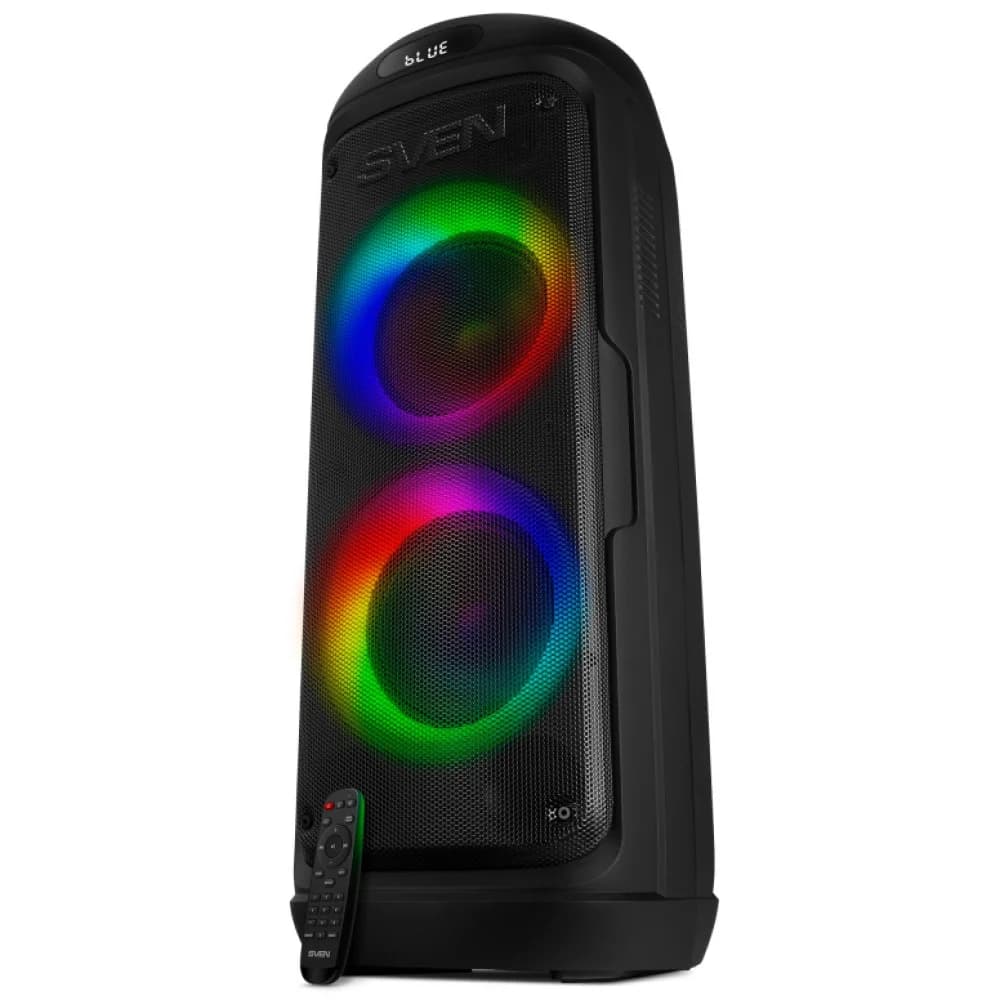 SVEN PS-770 2.0 Мобильные колонки чёрные (2x50W, mini Jack, USB, Bluetooth, FM, micro SD, NFC, LED-дисплей, ПДУ, 4400 мA, LED подсветка)