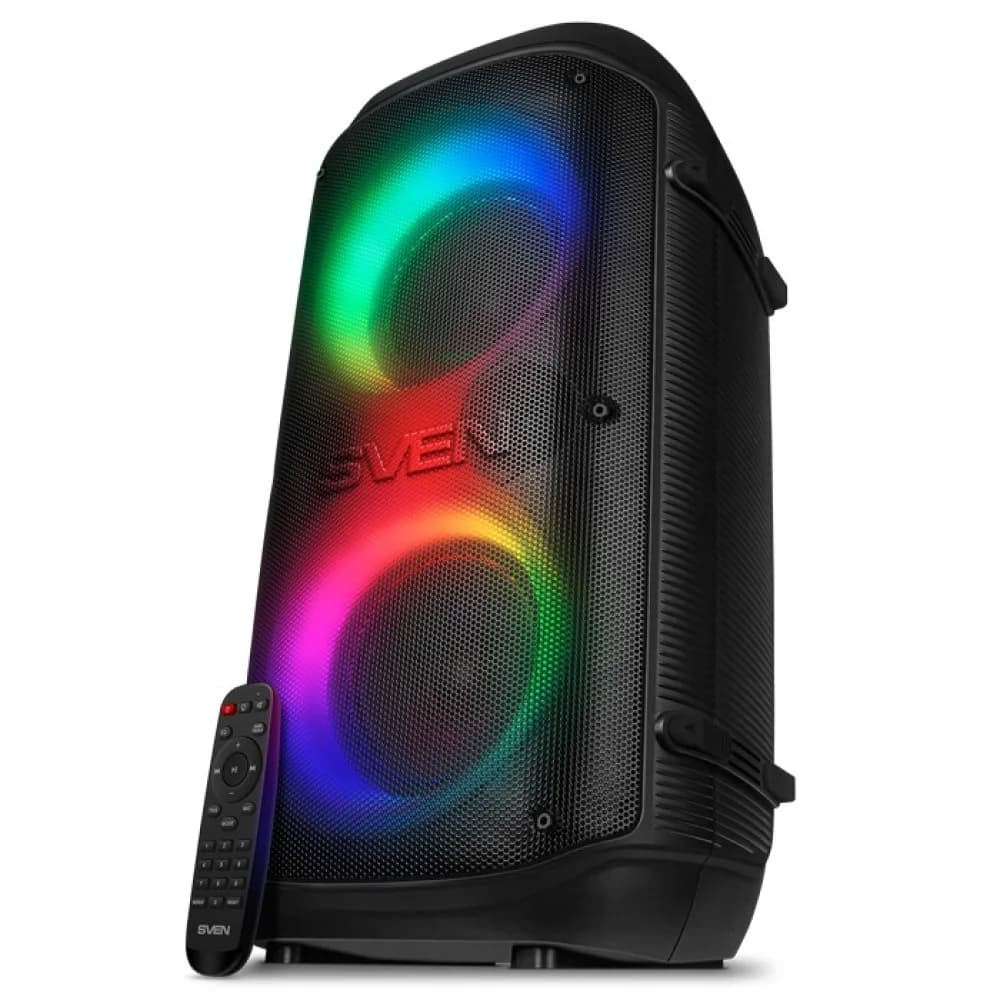 SVEN PS-800 2.0 Мобильные колонки чёрные (2x50 W, mini Jack, 2 х 6.35 мм Jack, USB, NFC, Bluetooth, FM, micro SD, ПДУ, 2 x 4400 мA, LED подсветка)