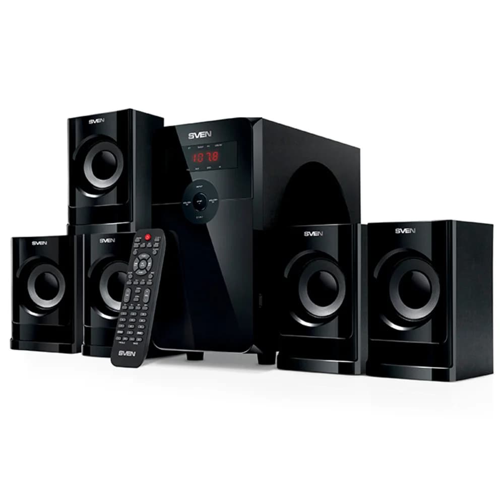 Колонки Sven HT-201 (5.1) - Black, 80Вт (5х12+20) RMS, 125Hz-22kHz, BT, SD, LCD, USB, FM