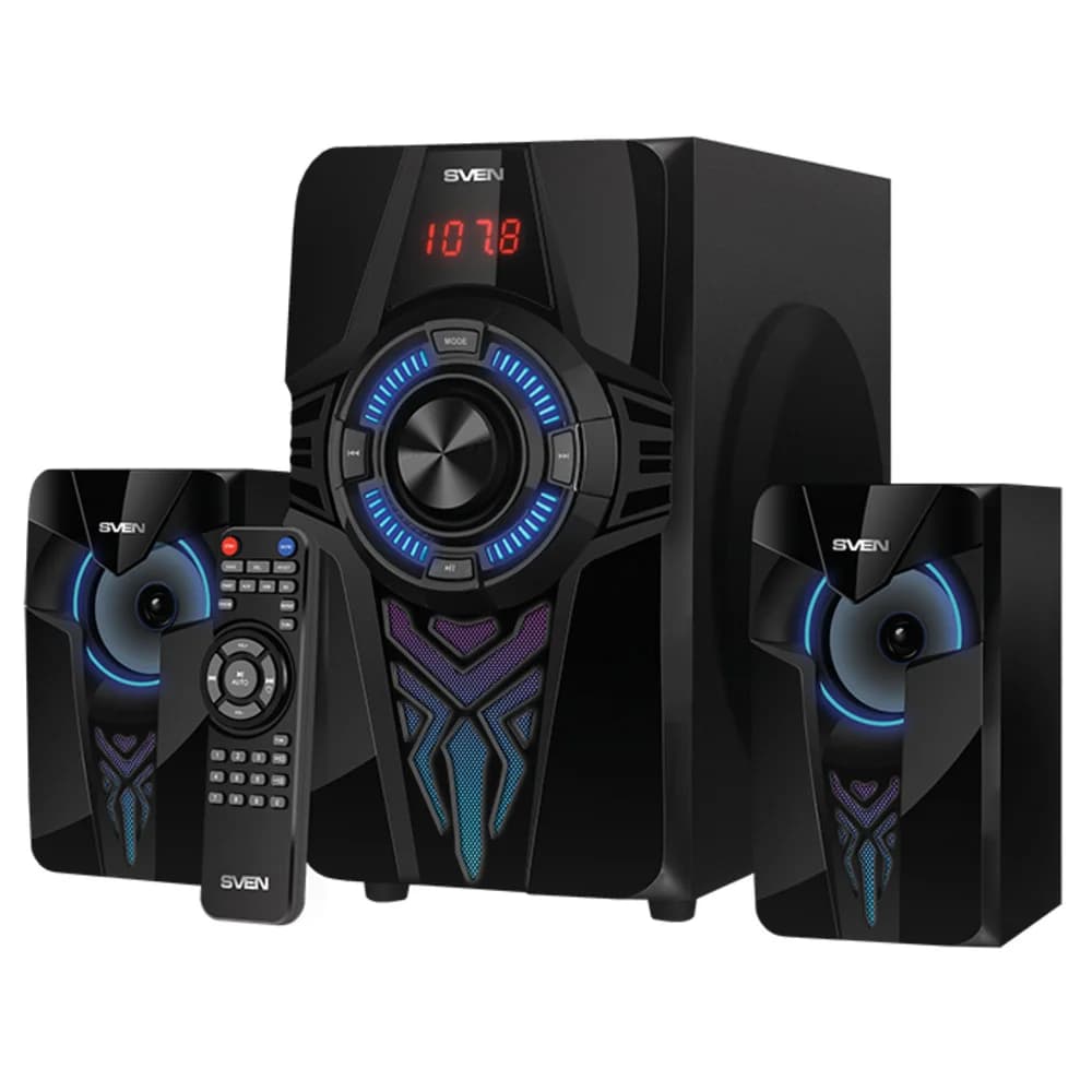 SVEN MS-2070 2.1 Колонки чёрные (2 x 15W, 1 х 30W, Bluetooth, USB flash, SD card, LED-дисплей, FM-радио, ПДУ, подсветка)