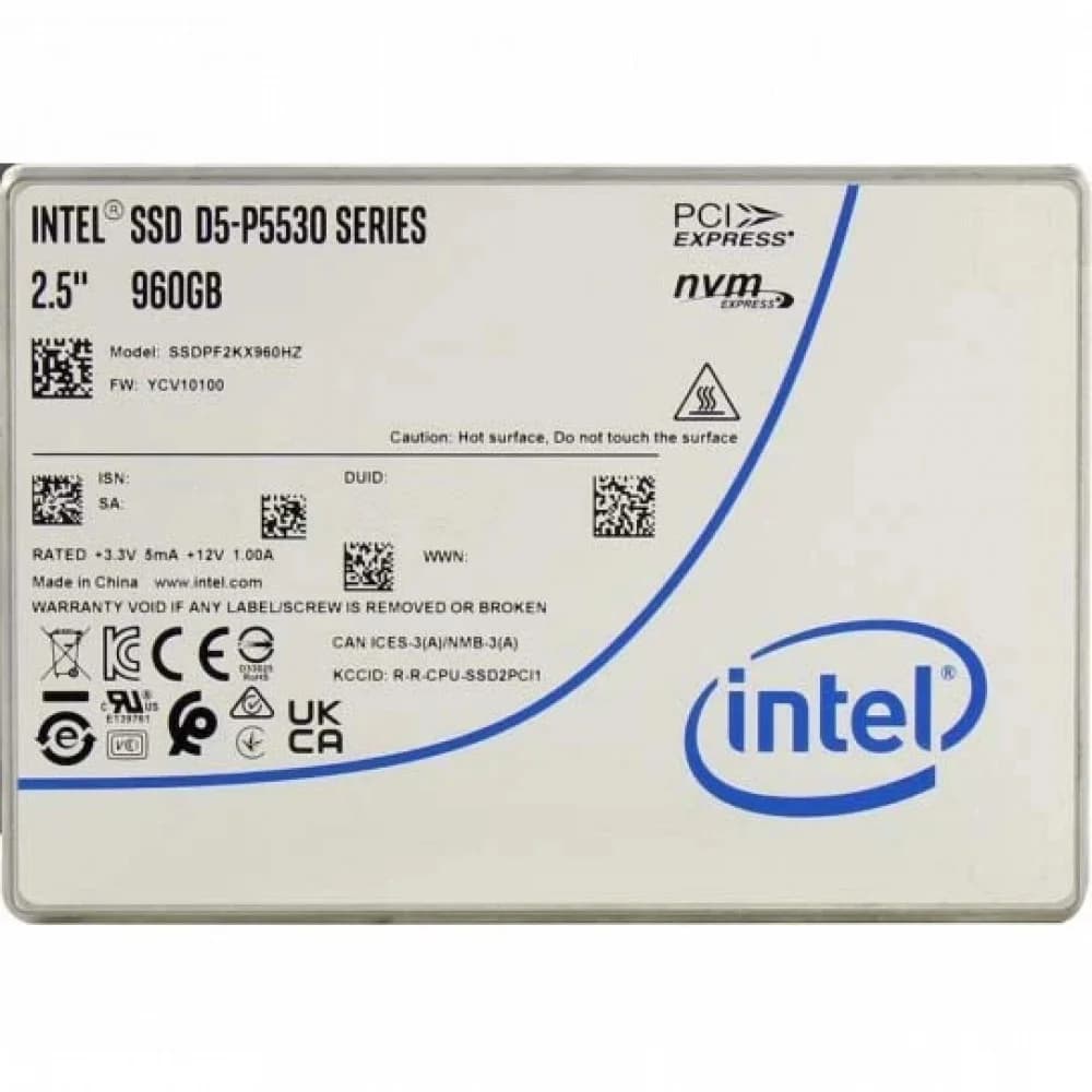 Intel SSD D5-P5530 Series, 960GB, U.2(2.5" 15mm), NVMe, PCIe 4.0 x4, TLC, R/W 5500/1600MB/s, IOPs 300 000/75 000, TBW 1700, DWPD1 (12 мес.)