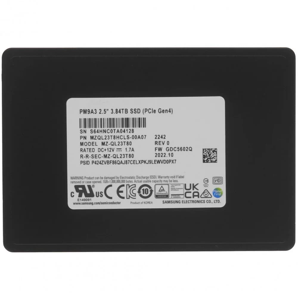Samsung Enterprise SSD, 2.5"(SFF/U.2), PM9A3, 3840GB, NVMe/PCIE Gen4 x4, R6900/W4100Mb/s, IOPS(R4K) 1000K/180K, MTBF 2M, 1 DWPD, OEM, 5 years, ( analog MZQLB3T8HALS-00007)