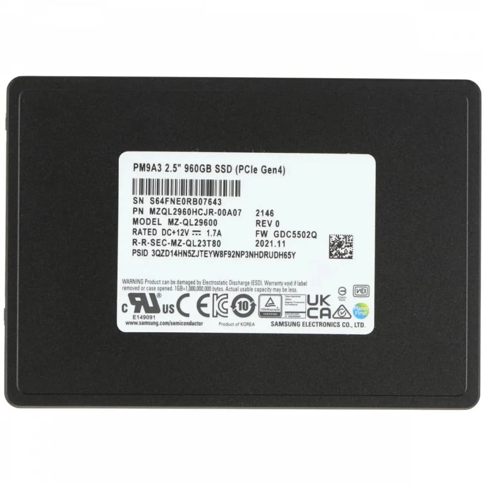 Samsung SSD 960GB PM9A3 U.2 PCIe Gen4 x4 R/W 6800/4000 MB/s R/W 1000K/180K IOPs DWPD1 5Y