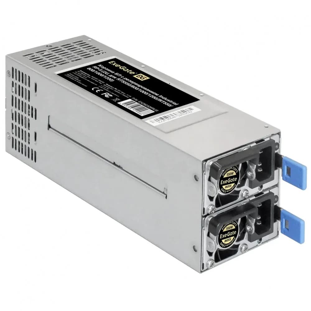 Серверный БП с резервированием 2U Redundant 2x550W ExeGate Industrial-RTS550 (APFC, КПД 94% (80 PLUS Platinum), 4 cm fan, 24pin, 2x(4+4)pin, 2PCIe, 2SATA, 6IDE, Cable Management)
