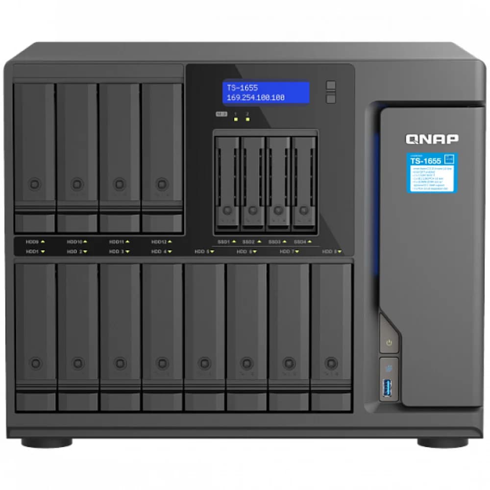 SMB QNAP TS-1655-8G NAS 16-Bay (12x 3.5"/2.5" HDD/SSD bays + 4x 2.5" SSD bays + 2x M.2 2280 SATA slots), Intel Atom C5125 8-core processor, 2.8GHz, 8 GB DDR4 (1 x 8 GB) up to 128 GB (4 x 32 GB), 2x