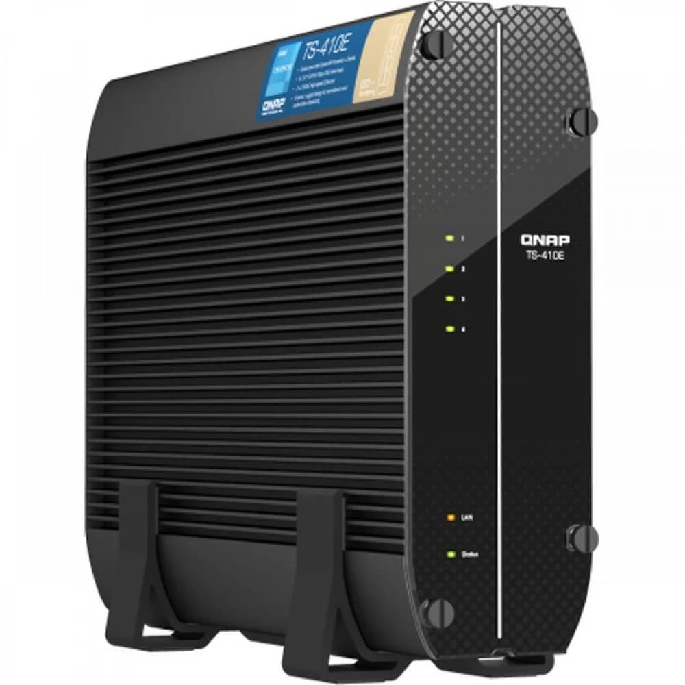 SMB QNAP TS-410E-8G NAS fanless 4 2.5 SSD trays. Intel Celeron J6412 4-core 2.0-2.6 GHz, 8 GB RAM (max), 2x2.5 GbE, 4xUSB 3.2 Gen 2 (10Gbps),1xHDMI