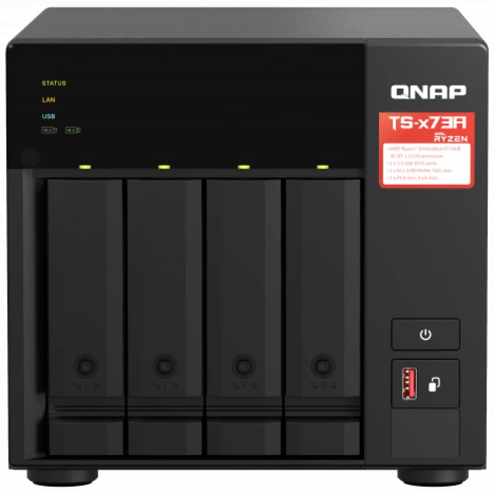 SMB QNAP TS-473A-8G NAS, 4-tray w/o HDD, 2xM.2 SSD Slot. Quad-сore AMD Ryzen Embedded V1500B 2.2 GHz, 8GB DDR4 (1 x 8GB) up to 64GB (2 x 32GB), 2x 2.5 Gigabit LAN
