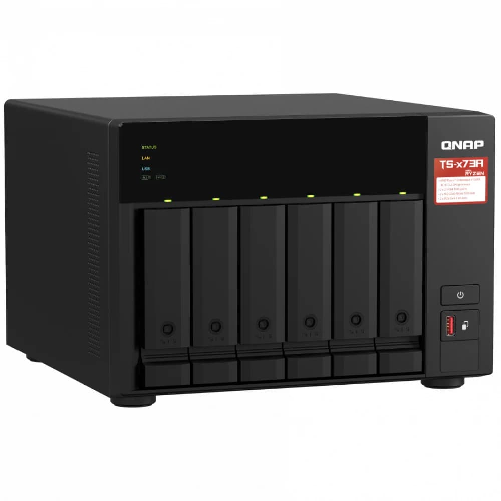 Сетевой RAID-накопитель, 6 отсеков 3,5"/2,5", 2 порта 2,5 GbE BASE-T, 2 слота M.2 NVMe, AMD Ryzen V1500B 2,2 ГГц, 8 ГБ DDR4.