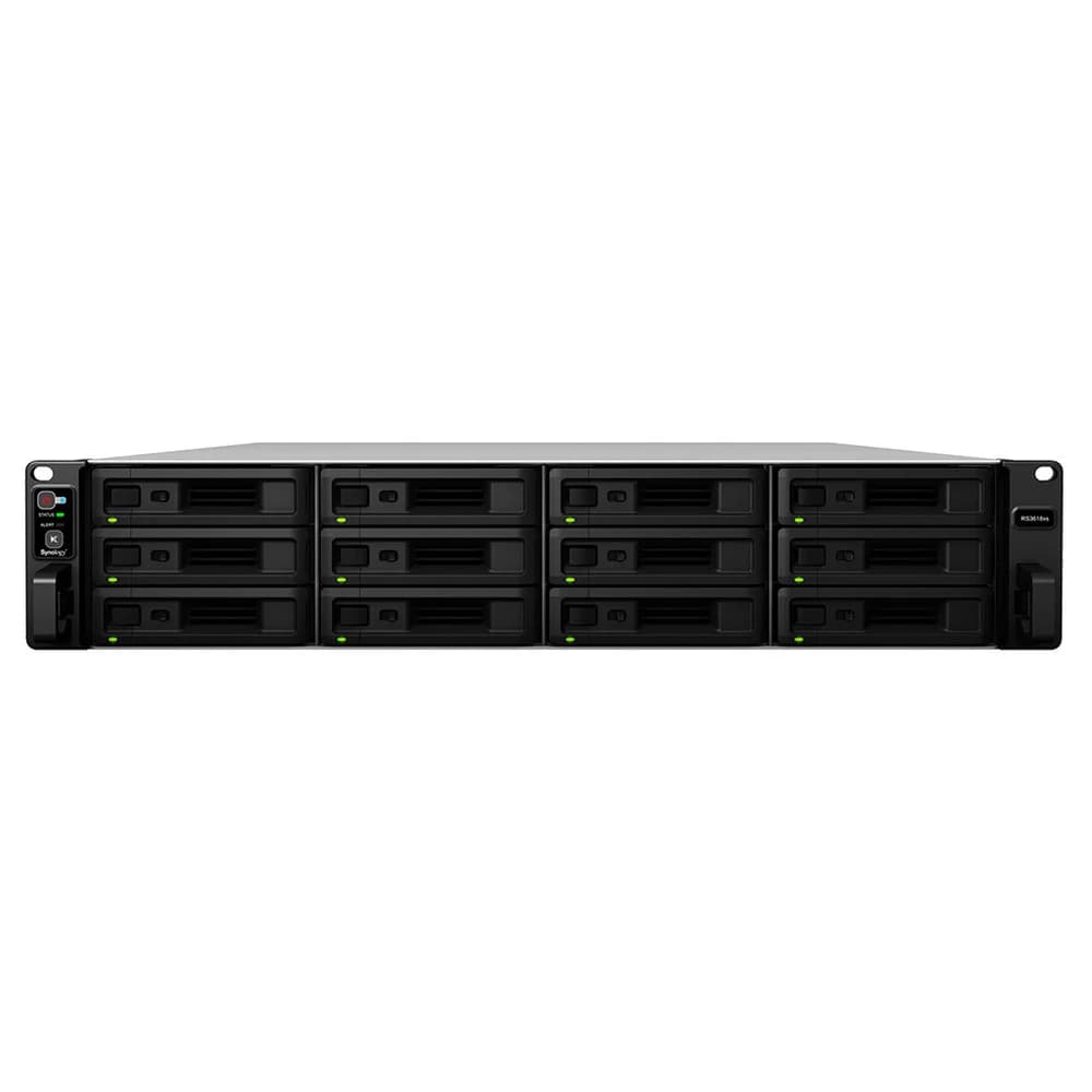 Synology (Rack2U) QC2,4Ghz/8Gb upto 64/RAID0,1,10,5,6/up to12HP HDDs SATA(3,5'or2,5') upto 36 with 2xRX1217(RP)/2xUSB/4GigEth(+2Expslot)/iSCSI/2xIPcam(upto75)/1xPS/norail/5YW