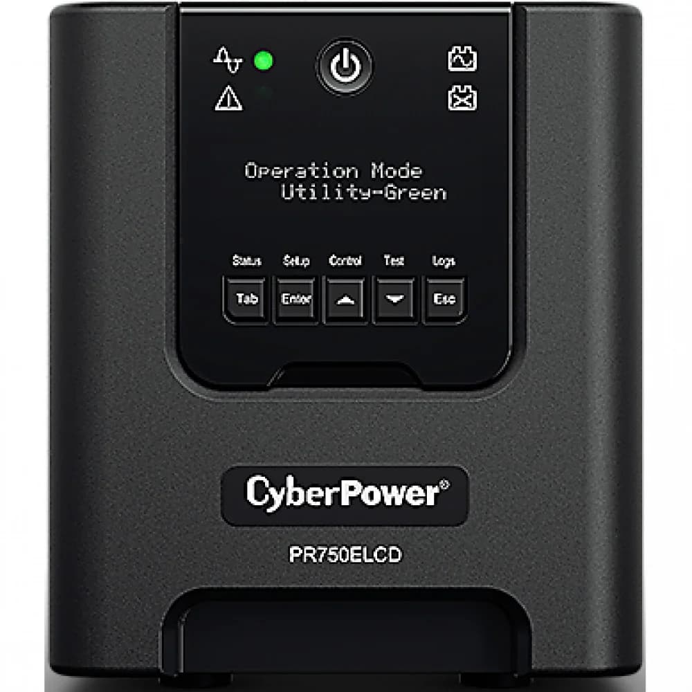 Источник бесперебойного питания, CyberPower, PR750ELCD, Мощность 750ВА/675Вт, PR-серия, Линейно-интерактивный, Напольный, ЖК/ Smar/USB, Диапазон работы AVR: 150-301В, Бат.1 шт., Вых: 6xIEC C13, Чёрн