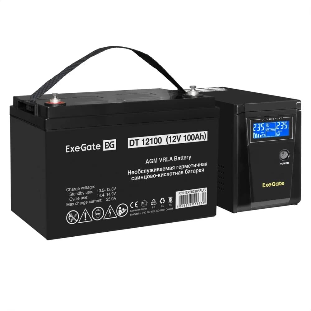 Комплект ИБП EX295986RUS + батарея 100Aч EX282985RUS 1шт (инвертор, синус, для котла) ExeGate SineTower SZ-600.LCD.AVR.1SH <600VA/360W, чистый синусоида, LCD дисплей, AVR, 1*Schuko, линейно-интеракт