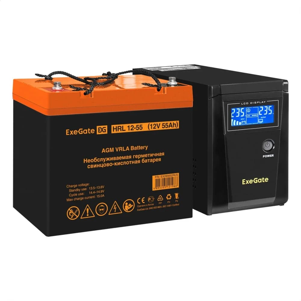 Комплект ИБП EX295986RUS + батарея 55Aч EX285652RUS 1шт (инвертор, синус, для котла) ExeGate SineTower SZ-600.LCD.AVR.1SH <600VA/360W, чистый синусоида, LCD дисплей, AVR, 1*Schuko, линейно-интеракти