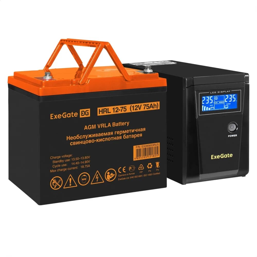 Комплект ИБП EX295986RUS + батарея 75Aч EX285653RUS 1шт (инвертор, синус, для котла) ExeGate SineTower SZ-600.LCD.AVR.1SH <600VA/360W, чистый синусоида, LCD дисплей, AVR, 1*Schuko, линейно-интеракти