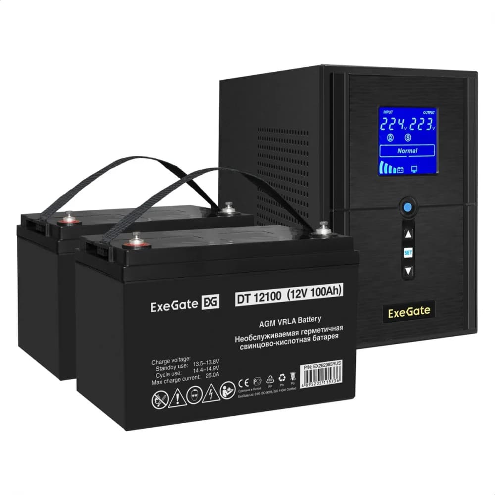 Комплект ИБП EX295987RUS + батарея 100Aч EX282985RUS 2шт (инвертор, синус, для котла) ExeGate SineTower SZ-1000.LCD.AVR.2SH.1C13.USB <1000VA/800W, чистый синусоида, LCD дисплей, AVR, 2*Schuko+1*C13,