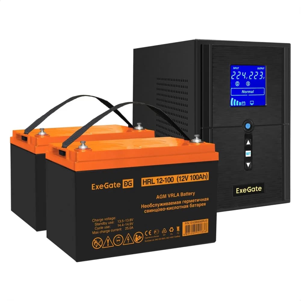 Комплект ИБП EX295987RUS + батарея 100Aч EX285656RUS 2шт (инвертор, синус, для котла) ExeGate SineTower SZ-1000.LCD.AVR.2SH.1C13.USB <1000VA/800W, чистый синусоида, LCD дисплей, AVR, 2*Schuko+1*C13,