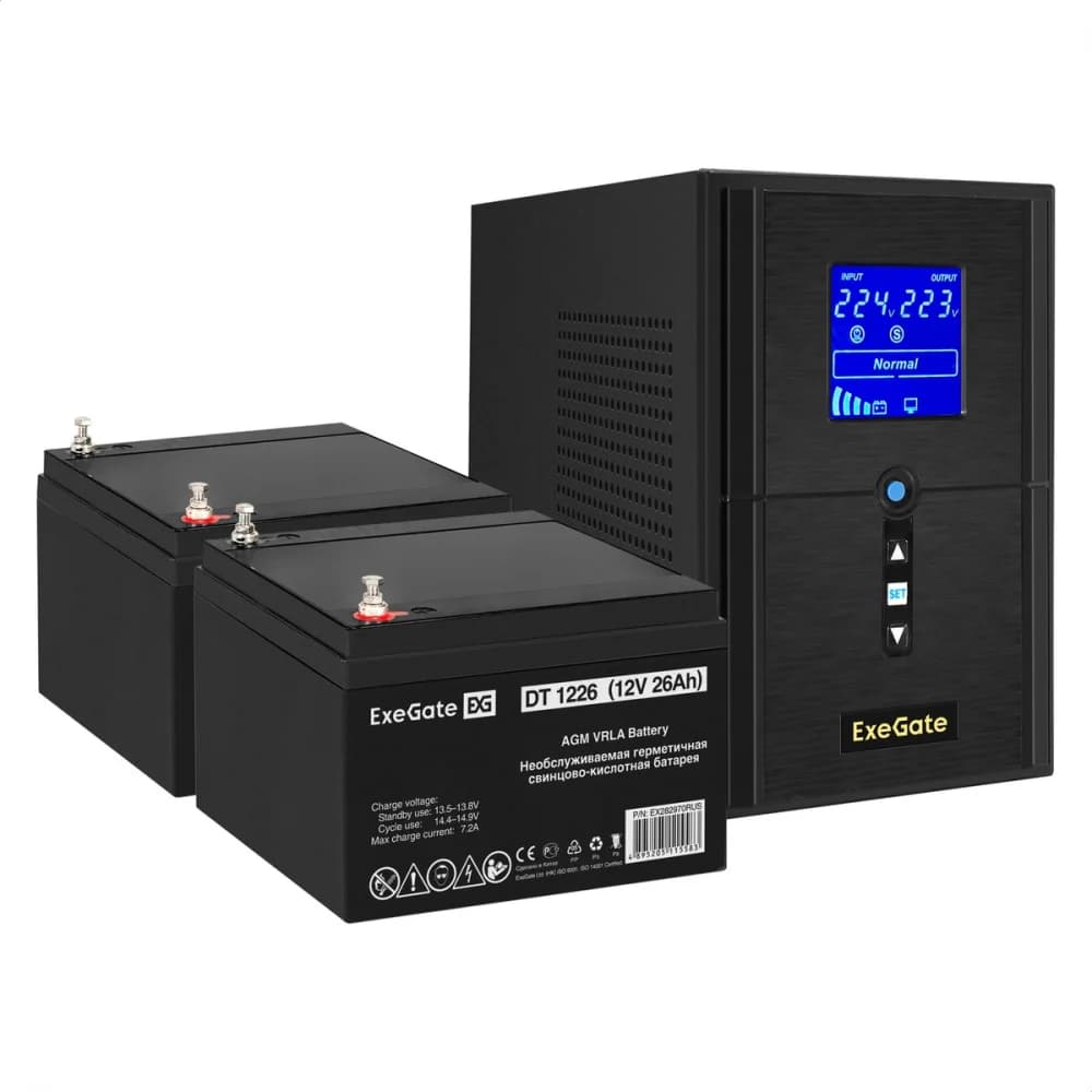 Комплект ИБП EX295987RUS + батарея 26Aч EX282970RUS 2шт (инвертор, синус, для котла) ExeGate SineTower SZ-1000.LCD.AVR.2SH.1C13.USB <1000VA/800W, чистый синусоида, LCD дисплей, AVR, 2*Schuko+1*C13,