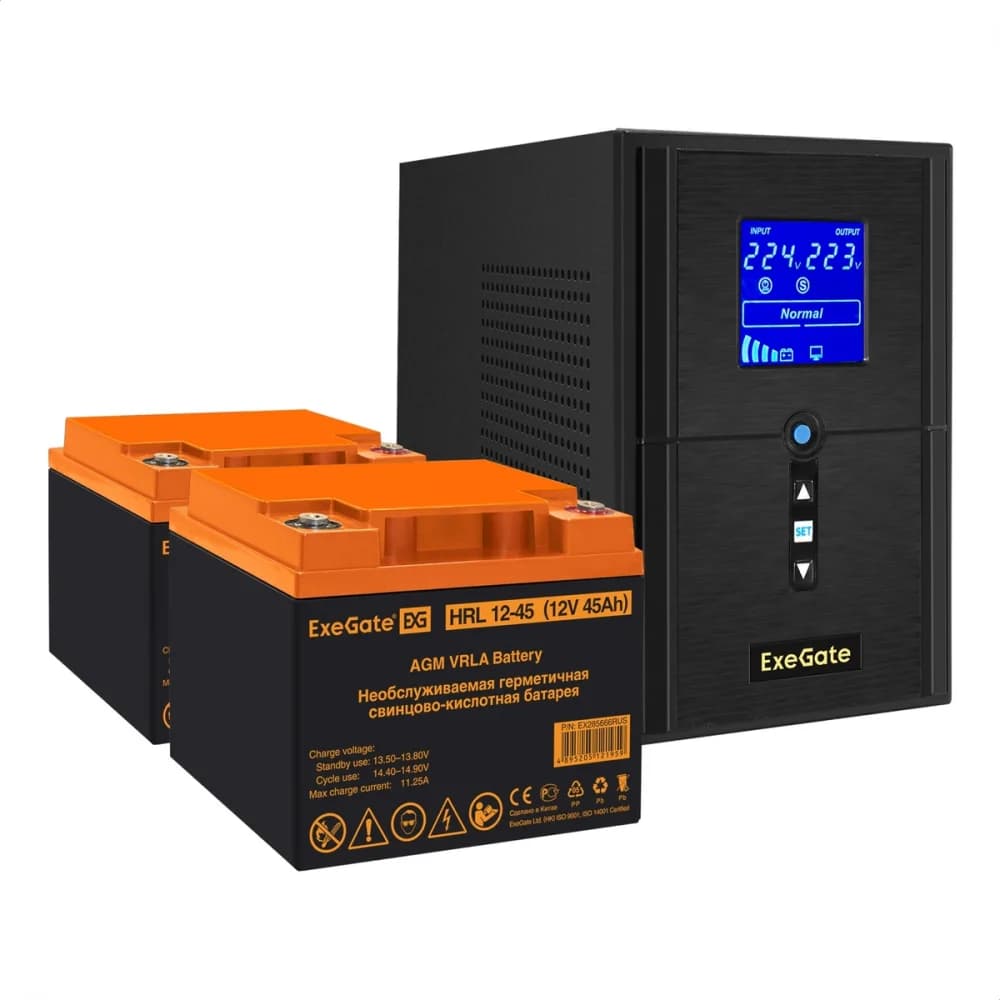 Комплект ИБП EX295987RUS + батарея 45Aч EX285666RUS 2шт (инвертор, синус, для котла) ExeGate SineTower SZ-1000.LCD.AVR.2SH.1C13.USB <1000VA/800W, чистый синусоида, LCD дисплей, AVR, 2*Schuko+1*C13,
