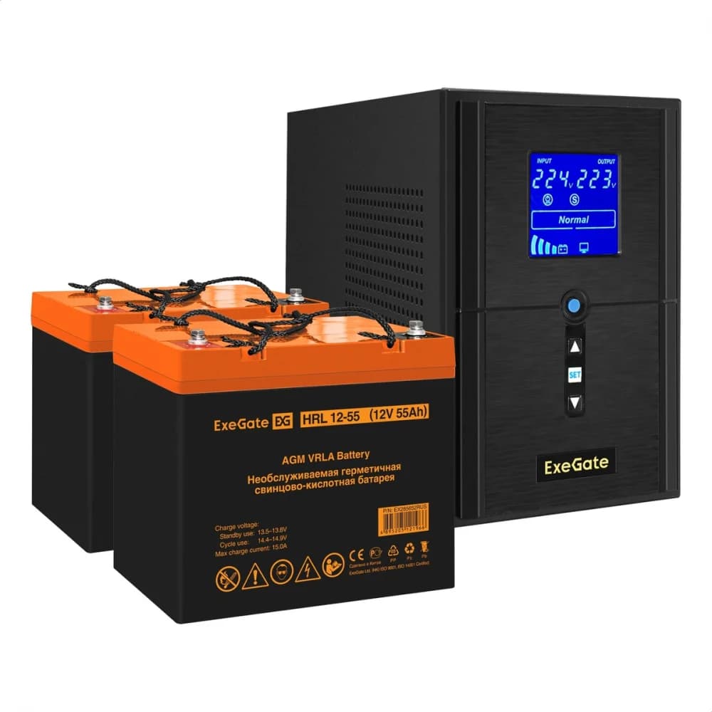 Комплект ИБП EX295987RUS + батарея 55Aч EX285652RUS 2шт (инвертор, синус, для котла) ExeGate SineTower SZ-1000.LCD.AVR.2SH.1C13.USB <1000VA/800W, чистый синусоида, LCD дисплей, AVR, 2*Schuko+1*C13,