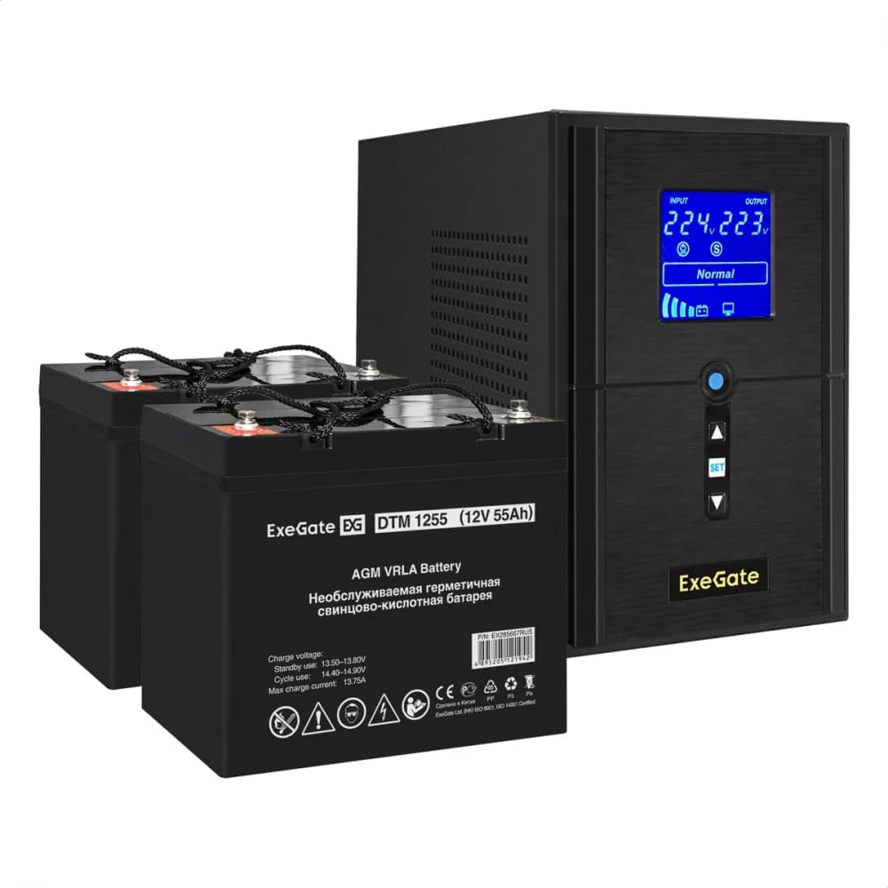 Комплект ИБП EX295987RUS + батарея 55Aч EX285667RUS 2шт (инвертор, синус, для котла) ExeGate SineTower SZ-1000.LCD.AVR.2SH.1C13.USB <1000VA/800W, чистый синусоида, LCD дисплей, AVR, 2*Schuko+1*C13,