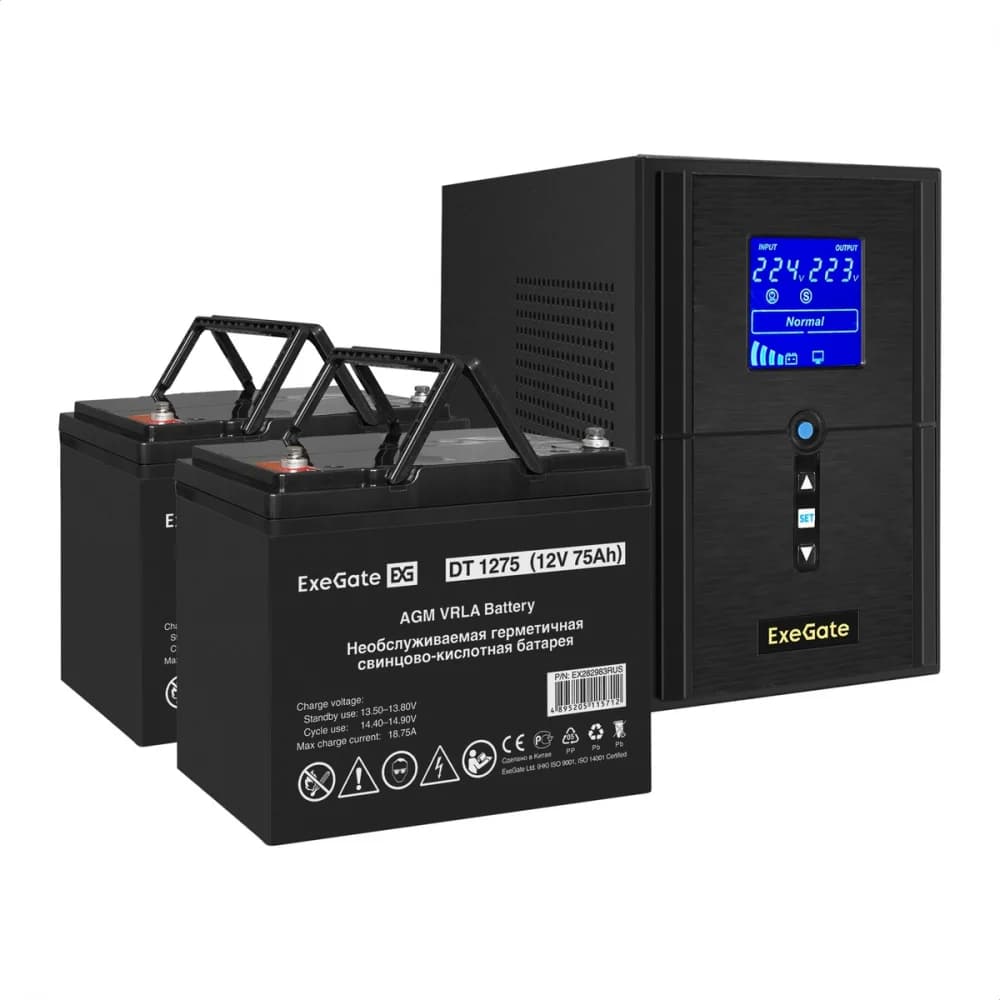 Комплект ИБП EX295987RUS + батарея 75Aч EX282983RUS 2шт (инвертор, синус, для котла) ExeGate SineTower SZ-1000.LCD.AVR.2SH.1C13.USB <1000VA/800W, чистый синусоида, LCD дисплей, AVR, 2*Schuko+1*C13,