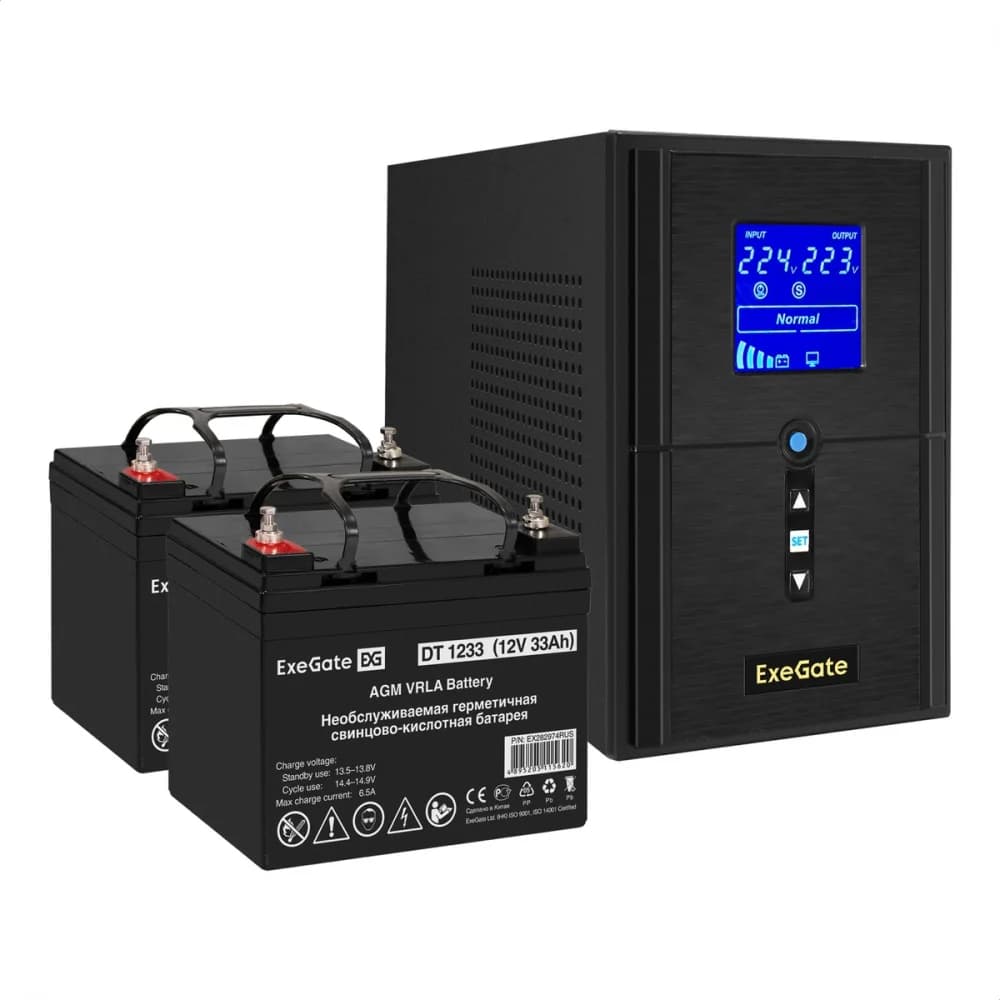 Комплект ИБП EX295988RUS + батарея 33Aч EX282974RUS 2шт (инвертор, синус, для котла) ExeGate SineTower SZ-1500.LCD.AVR.2SH.1C13.USB <1500VA/1200W, чистый синусоида, LCD дисплей, AVR, 2*Schuko+1*C13,