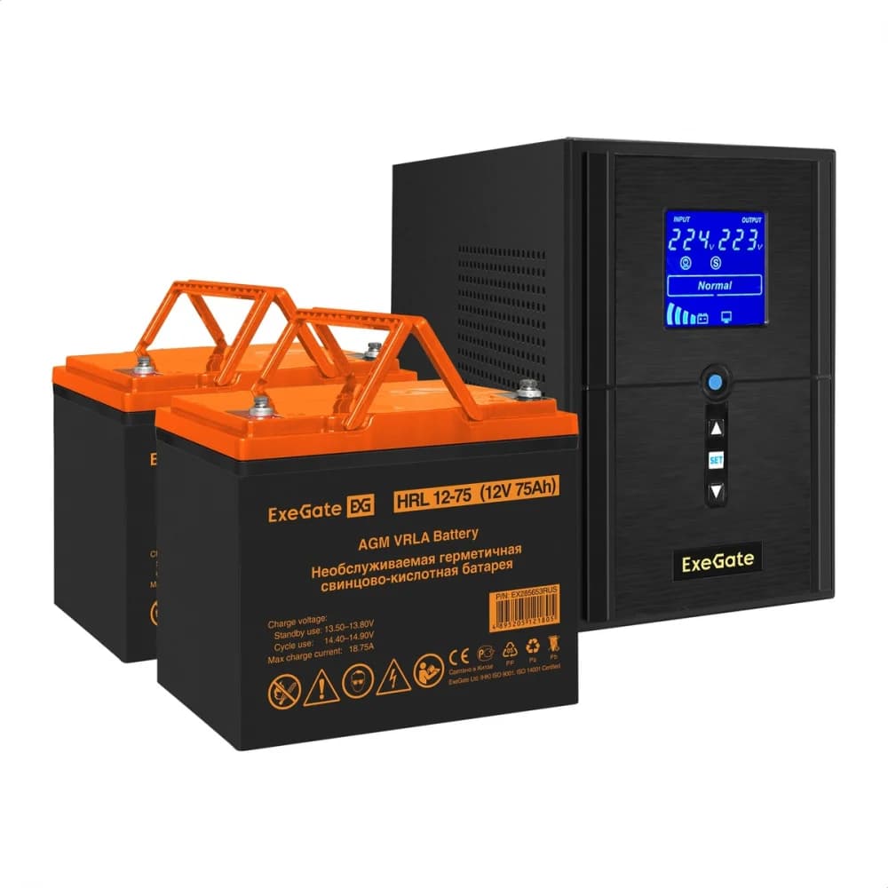 Комплект ИБП EX295988RUS + батарея 75Aч EX285653RUS 2шт (инвертор, синус, для котла) ExeGate SineTower SZ-1500.LCD.AVR.2SH.1C13.USB <1500VA/1200W, чистый синусоида, LCD дисплей, AVR, 2*Schuko+1*C13,