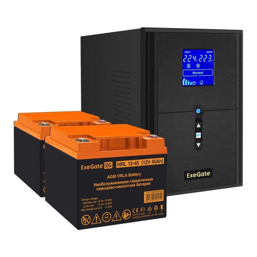 Комплект ИБП EX295989RUS + батарея 45Aч EX285666RUS 2шт (инвертор, синус, для котла) ExeGate SineTower SZ-2000.LCD.AVR.3SH.1C13.USB <2000VA/1600W, чистый синусоида, LCD дисплей, AVR, 3*Schuko+1*C13,