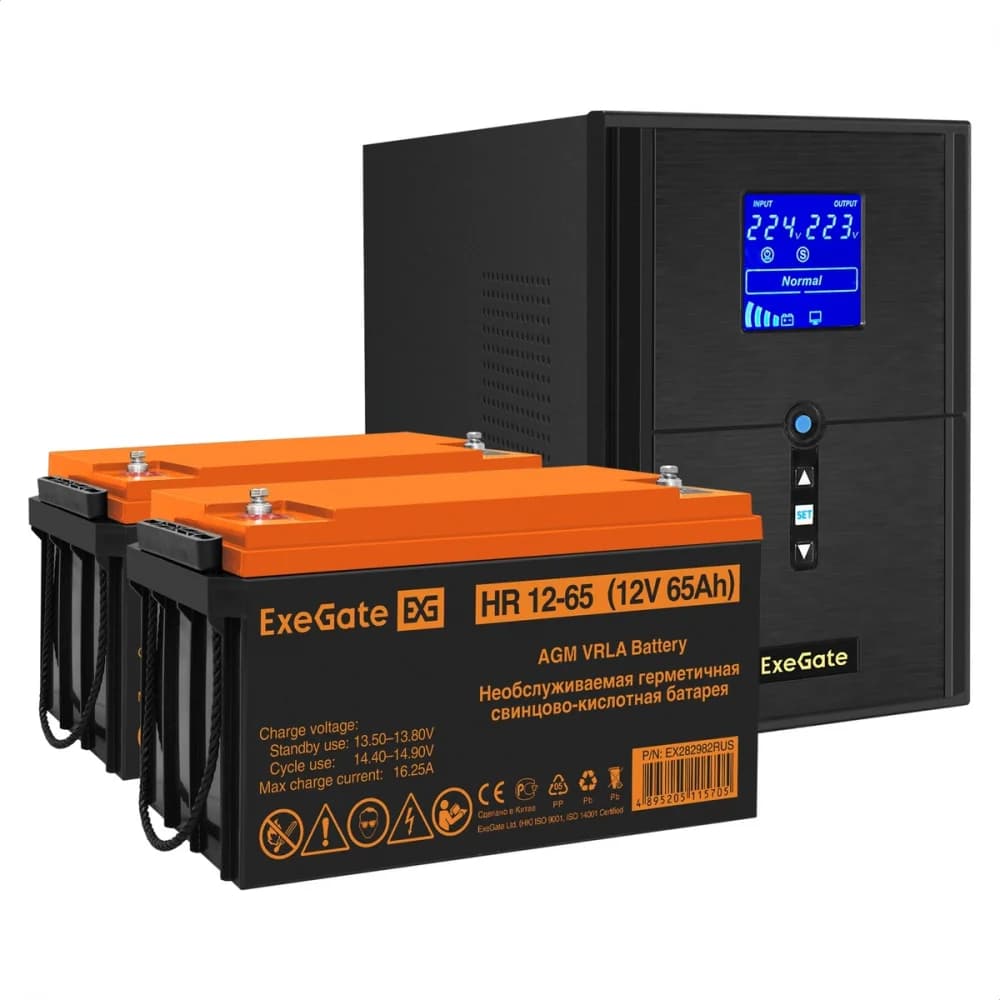 Комплект ИБП EX295989RUS + батарея 65Aч EX282982RUS 2шт (инвертор, синус, для котла) ExeGate SineTower SZ-2000.LCD.AVR.3SH.1C13.USB <2000VA/1600W, чистый синусоида, LCD дисплей, AVR, 3*Schuko+1*C13,