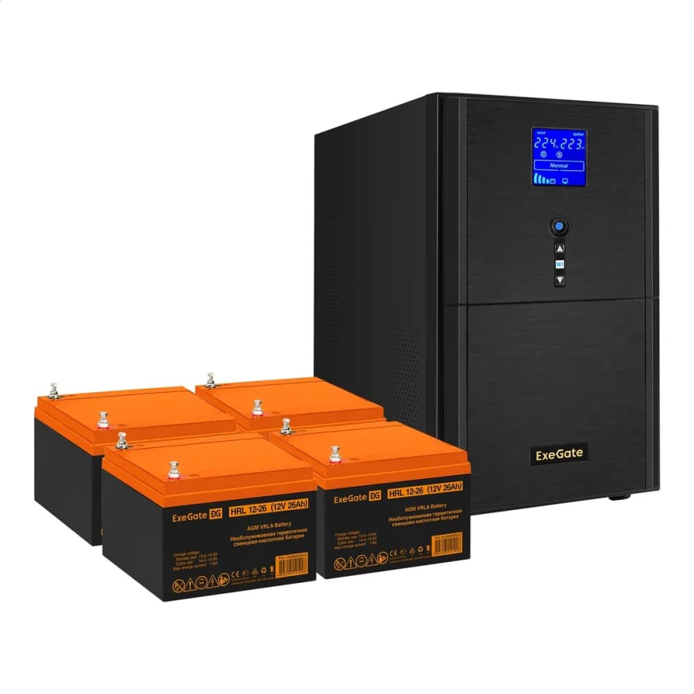 Комплект ИБП EX295990RUS + батарея 26Aч EX285663RUS 4шт (инвертор, синус, для котла) ExeGate SineTower SZ-3000.LCD.AVR.3SH.1C13.RJ.USB <3000VA/2400W, чистый синусоида, LCD дисплей, AVR, 3*Schuko+1*C