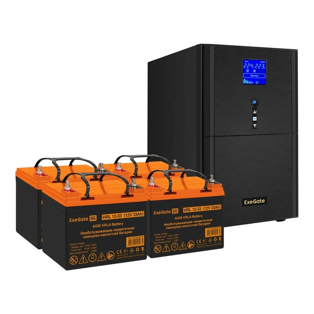 Комплект ИБП EX295990RUS + батарея 33Aч EX285664RUS 4шт (инвертор, синус, для котла) ExeGate SineTower SZ-3000.LCD.AVR.3SH.1C13.RJ.USB <3000VA/2400W, чистый синусоида, LCD дисплей, AVR, 3*Schuko+1*C